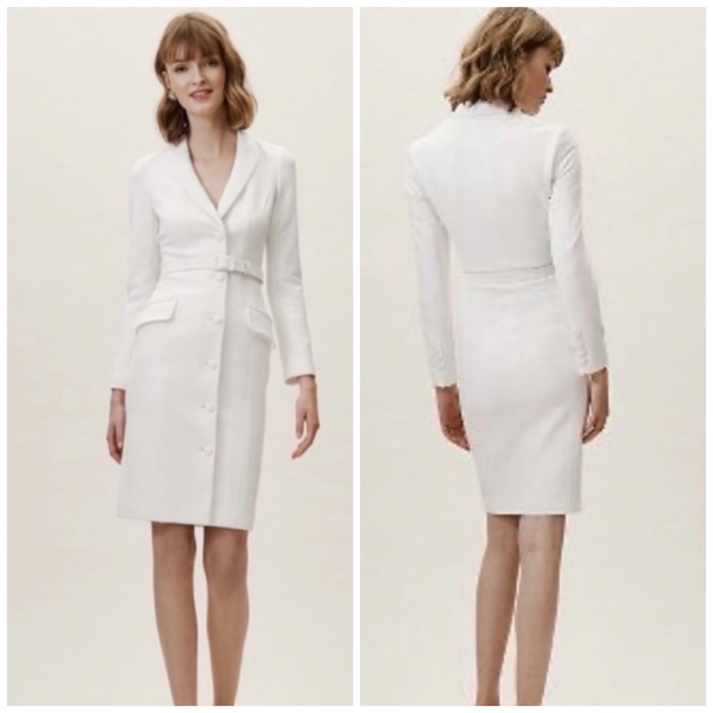 Badgley Mischka White Long Sleeve Button Front Sheath Dress